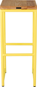 Yellow metal stool with natural stain ash wood made in UK - back view round frame