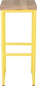 Yellow metal stool with whitewash stain ash wood made in UK - front view round frame