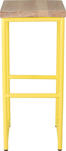 Yellow metal stool with whitewash stain ash wood made in UK - front view round frame