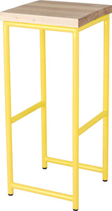 Yellow metal stool with whitewash stain ash wood made in UK - angle view round frame