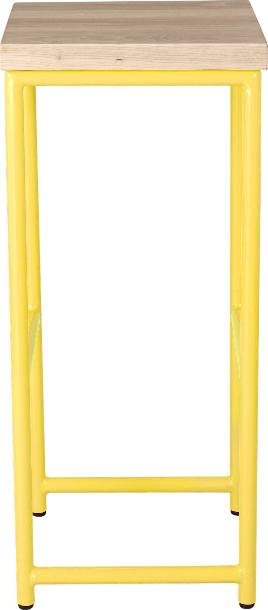 Yellow metal stool with whitewash stain ash wood made in UK - side view round frame