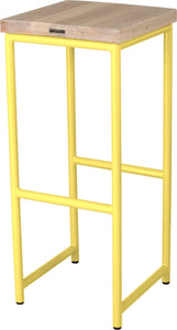 Yellow metal stool with whitewash stain ash wood made in UK - back side view round frame