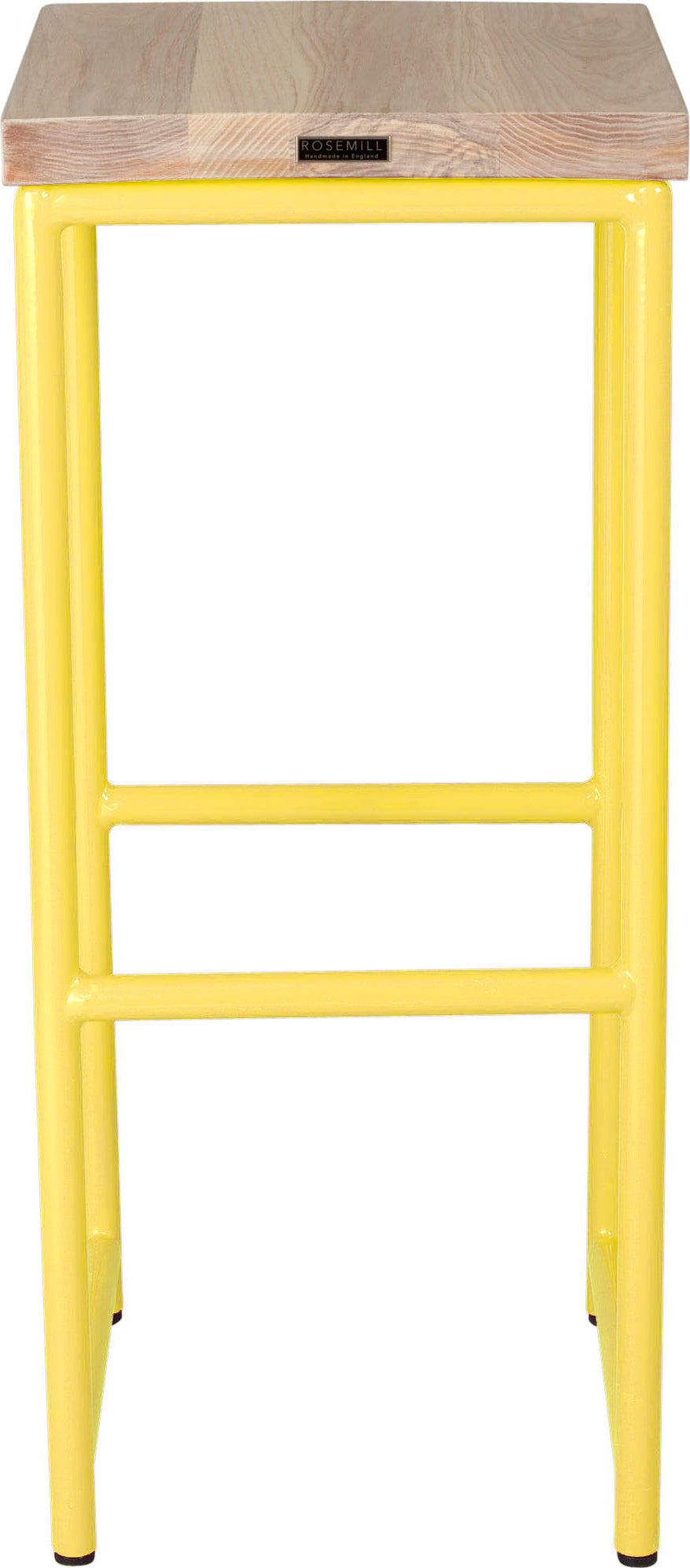 Yellow metal stool with whitewash stain ash wood made in UK - back view round frame