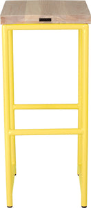 Yellow metal stool with whitewash stain ash wood made in UK - back view round frame