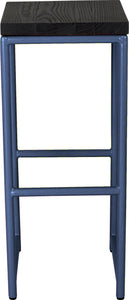 Blue metal stool with black stain ash wood made in UK - front view round frame
