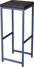 Load image into Gallery viewer, Blue metal stool with black stain ash wood made in UK - angle view round frame

