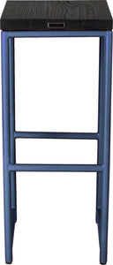 Blue metal stool with black stain ash wood made in UK - back view round frame