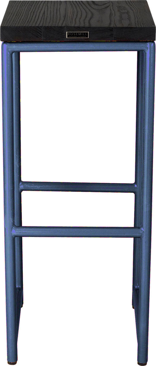 Blue metal stool with black stain ash wood made in UK - back view round frame