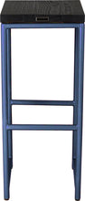 Load image into Gallery viewer, Blue metal stool with black stain ash wood made in UK - back view round frame
