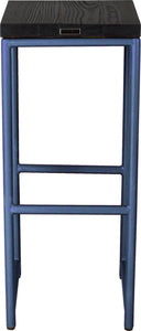 Blue metal stool with black stain ash wood made in UK - back view round frame