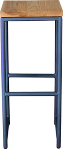 Blue metal stool with natural stain ash wood made in UK - front view round frame