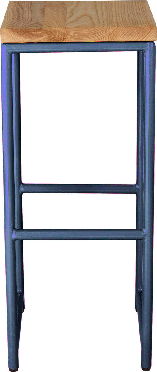 Blue metal stool with natural stain ash wood made in UK - front view round frame