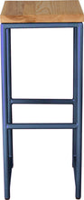 Load image into Gallery viewer, Blue metal stool with natural stain ash wood made in UK - front view round frame

