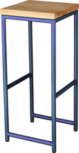 Load image into Gallery viewer, Blue metal stool with natural stain ash wood made in UK - angle view round frame
