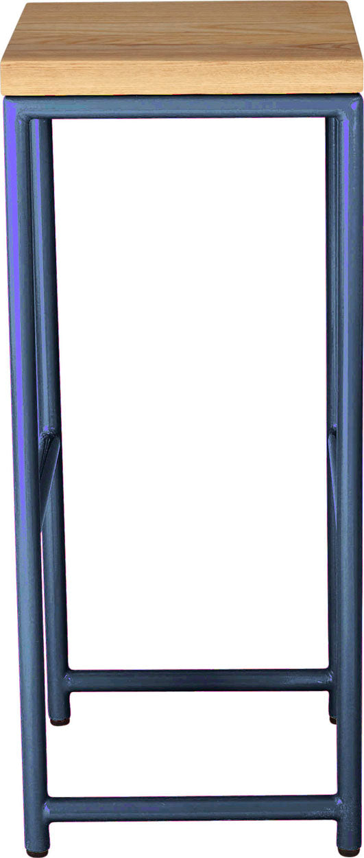 Blue metal stool with natural stain ash wood made in UK - side view round frame