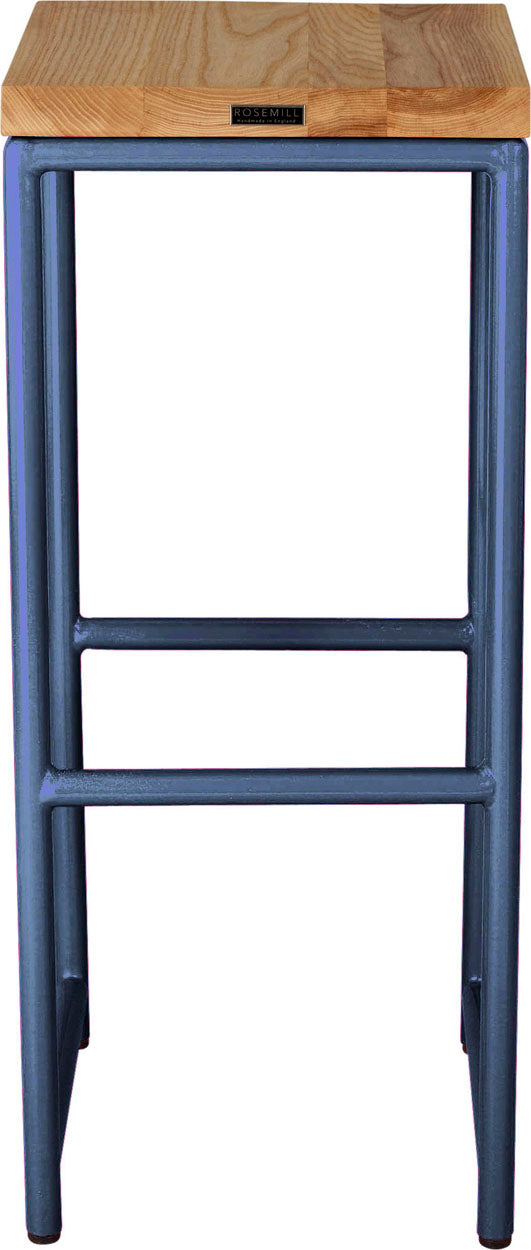 Blue metal stool with natural stain ash wood made in UK - back view round frame