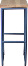 Load image into Gallery viewer, Blue metal stool with whitewash stain ash wood made in UK - front view round frame
