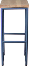 Load image into Gallery viewer, Blue metal stool with whitewash stain ash wood made in UK - front view round frame
