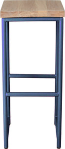Blue metal stool with whitewash stain ash wood made in UK - front view round frame