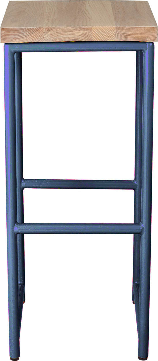 Blue metal stool with whitewash stain ash wood made in UK - front view round frame