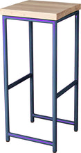 Load image into Gallery viewer, Blue metal stool with whitewash stain ash wood made in UK - angle view round frame
