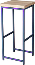 Load image into Gallery viewer, Blue metal stool with whitewash stain ash wood made in UK - angle view round frame
