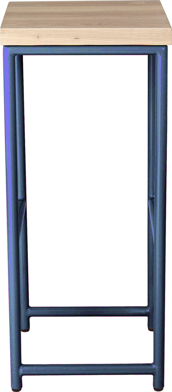 Blue metal stool with whitewash stain ash wood made in UK - side view round frame