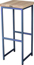 Load image into Gallery viewer, Blue metal stool with whitewash stain ash wood made in UK - back side view round frame
