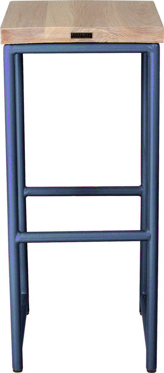 Blue metal stool with whitewash stain ash wood made in UK - back view round frame