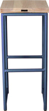 Load image into Gallery viewer, Blue metal stool with whitewash stain ash wood made in UK - back view round frame
