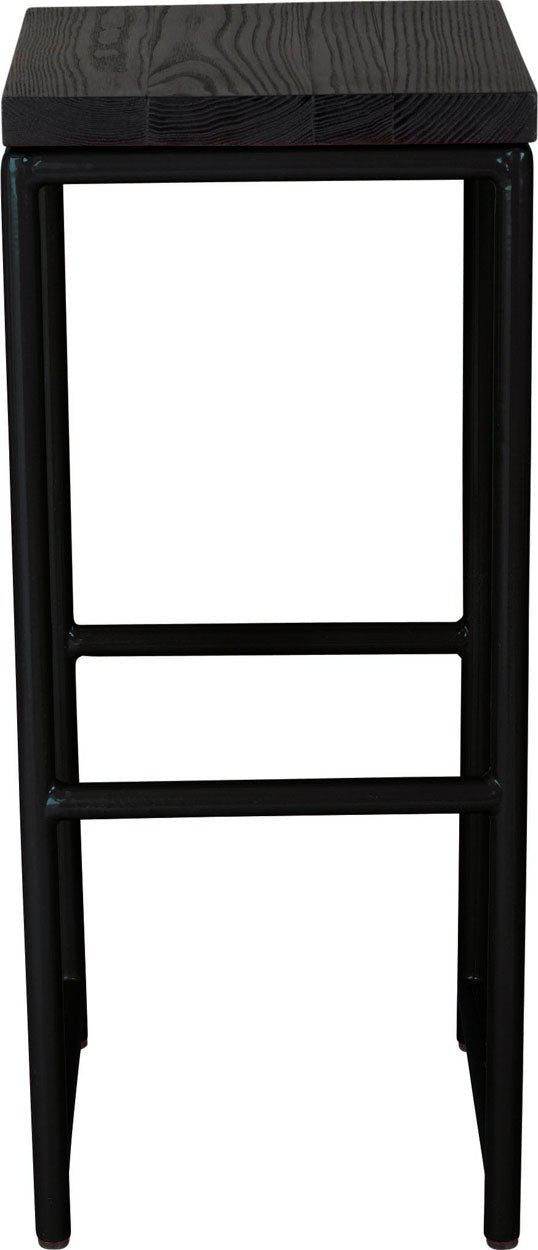 Black metal stool with black stain ash wood made in UK - front view round frame