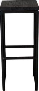 Black metal stool with black stain ash wood made in UK - front view round frame