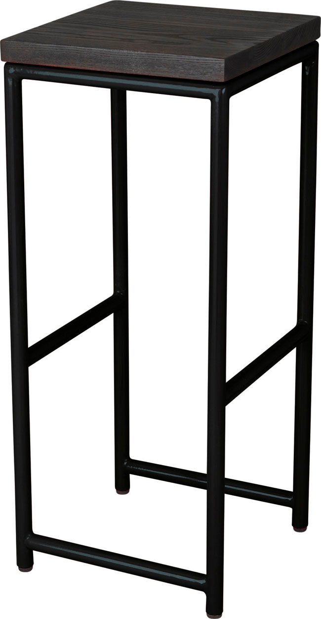 Black metal stool with black stain ash wood made in UK - angle view round frame