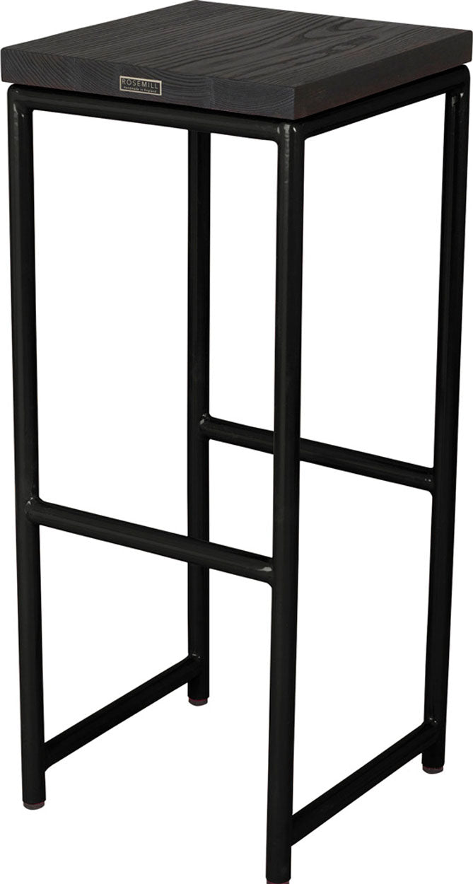 Black metal stool with black stain ash wood made in UK - back side view round frame