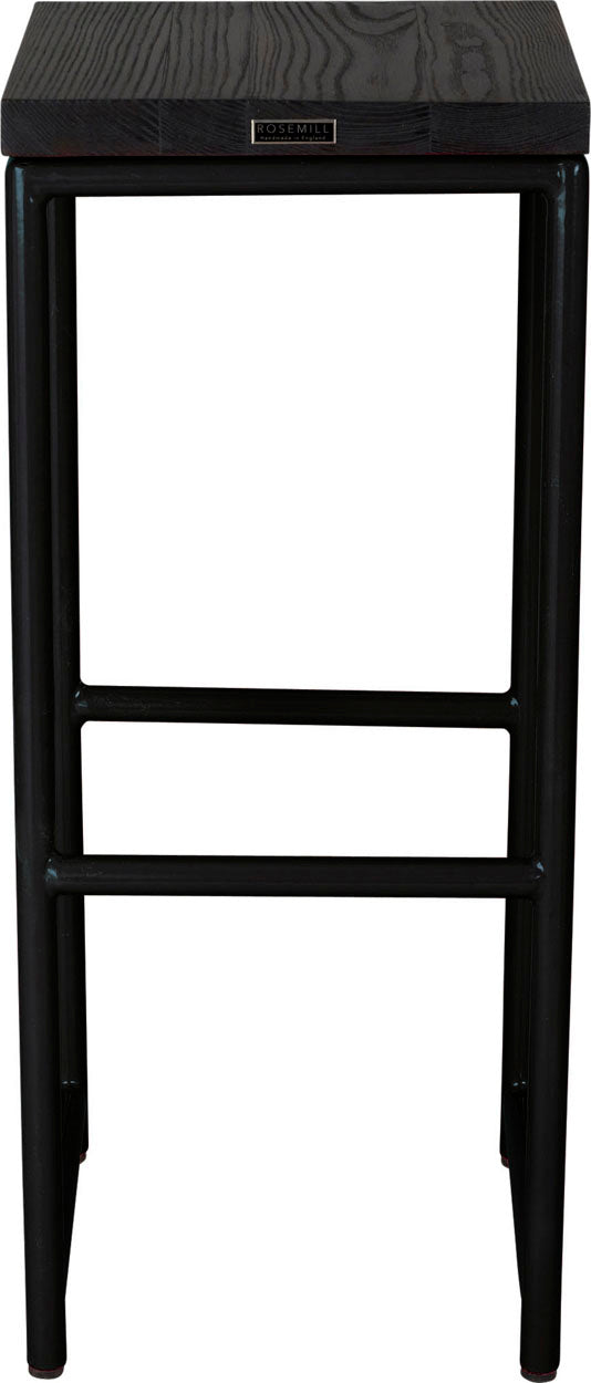 Black metal stool with black stain ash wood made in UK - back view round frame