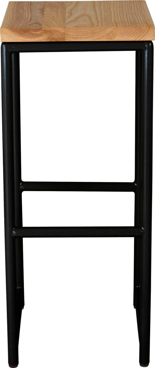 Black metal stool with natural stain ash wood made in UK - front view round frame