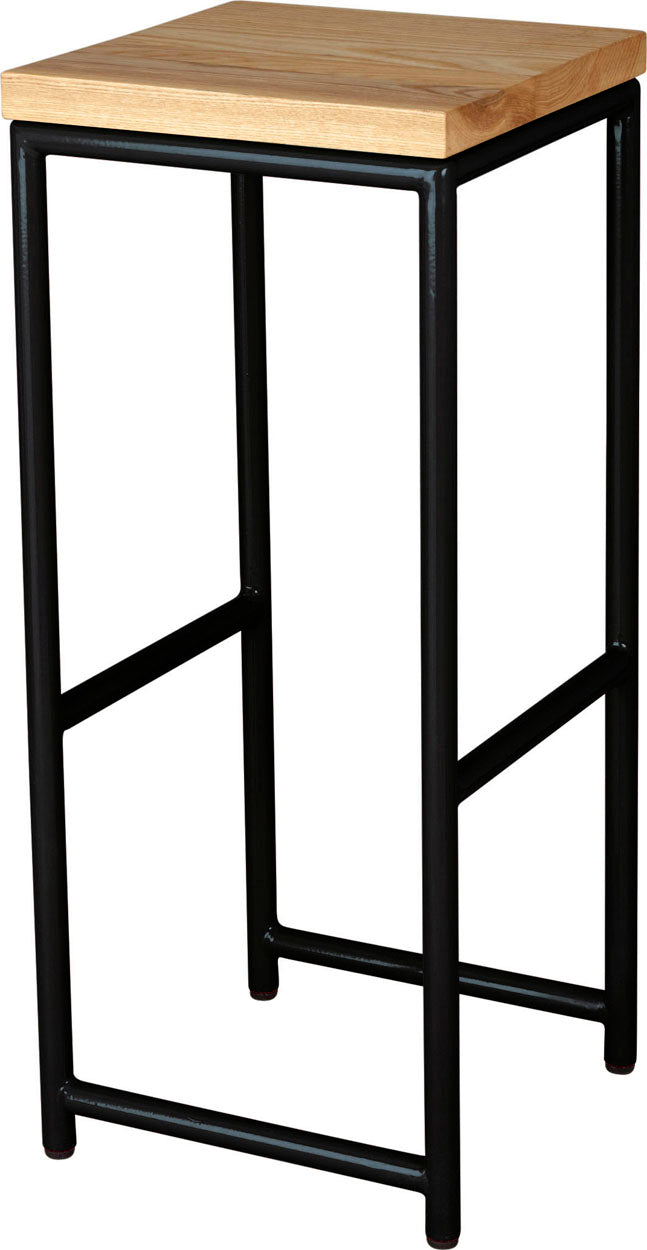 Black metal stool with natural stain ash wood made in UK - angle view round frame