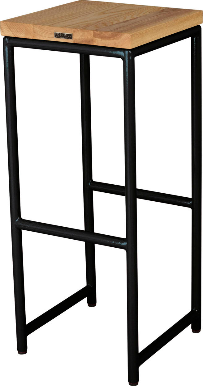 Black metal stool with natural stain ash wood made in UK - back side view round frame