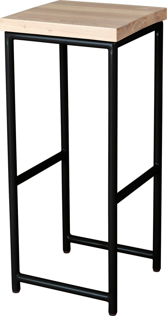 Black metal stool with whitewash stain ash wood made in UK - angle view round frame