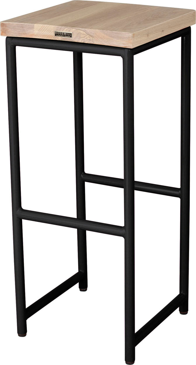 Black metal stool with whitewash stain ash wood made in UK - back side view round frame