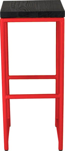 Red metal stool with black stain ash wood made in UK - front view round frame