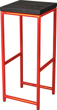Load image into Gallery viewer, Red metal stool with black stain ash wood made in UK - angle view round frame
