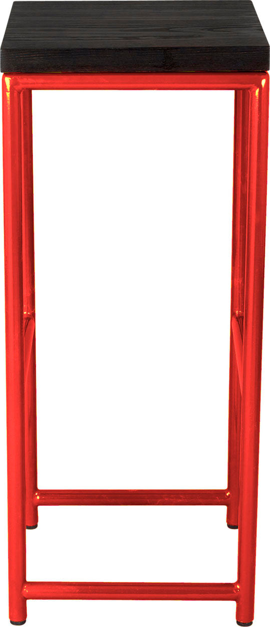 Red metal stool with black stain ash wood made in UK - side view round frame