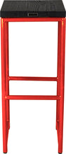 Load image into Gallery viewer, Red metal stool with black stain ash wood made in UK - back view round frame
