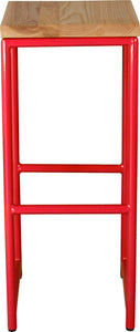 Red metal stool with natural stain ash wood made in UK - front view round frame