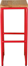 Load image into Gallery viewer, Red metal stool with natural stain ash wood made in UK - front view round frame
