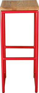 Red metal stool with natural stain ash wood made in UK - front view round frame
