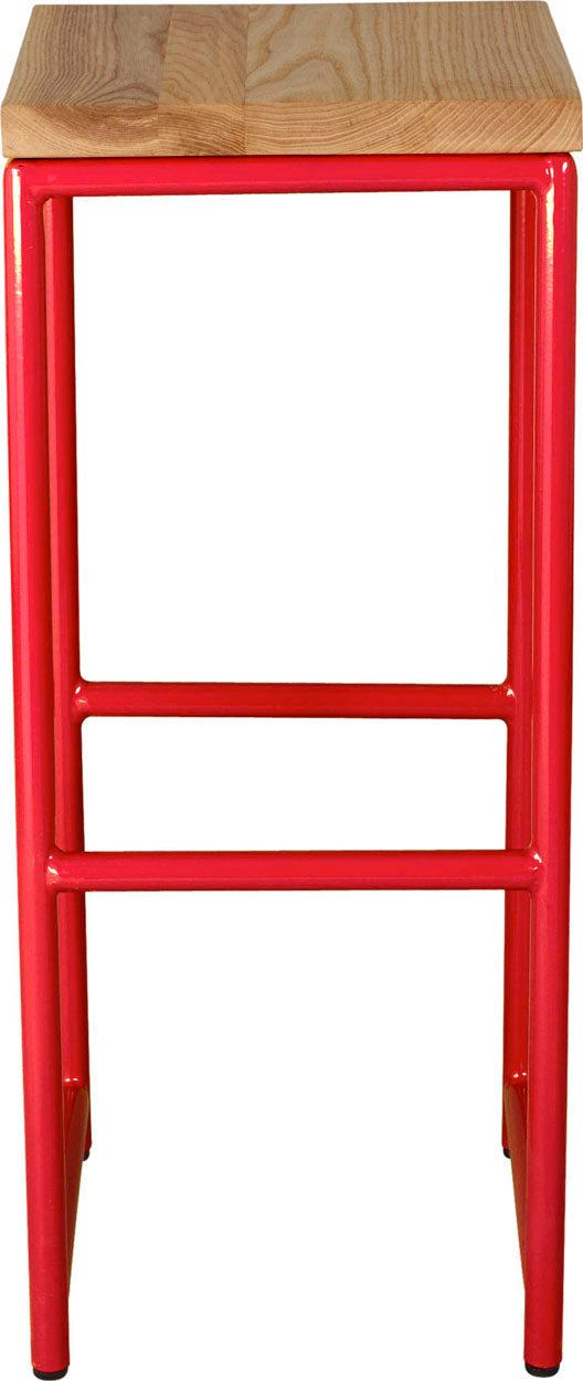 Red metal stool with natural stain ash wood made in UK - front view round frame