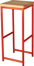 Load image into Gallery viewer, Red metal stool with natural stain ash wood made in UK - angle view round frame
