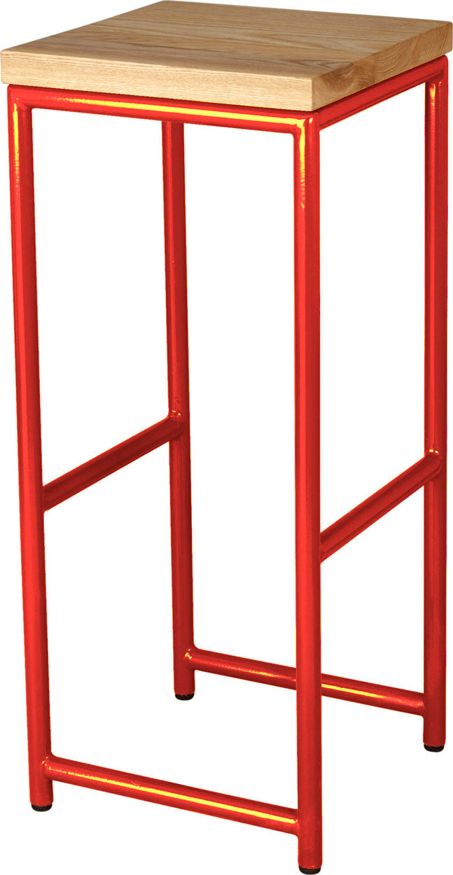 Red metal stool with natural stain ash wood made in UK - angle view round frame